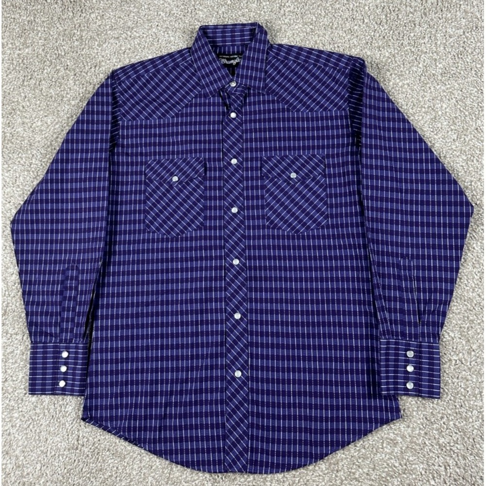 Wrangler Shirt Mens Medium Purple Check Western Pearl Snap‎ Long Sleeve Rodeo